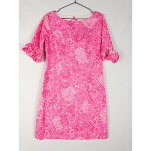 Lilly Pulitzer Fiesta Dress Womens 6 Pink Ruffle Sleeve Lined Cotton Blend